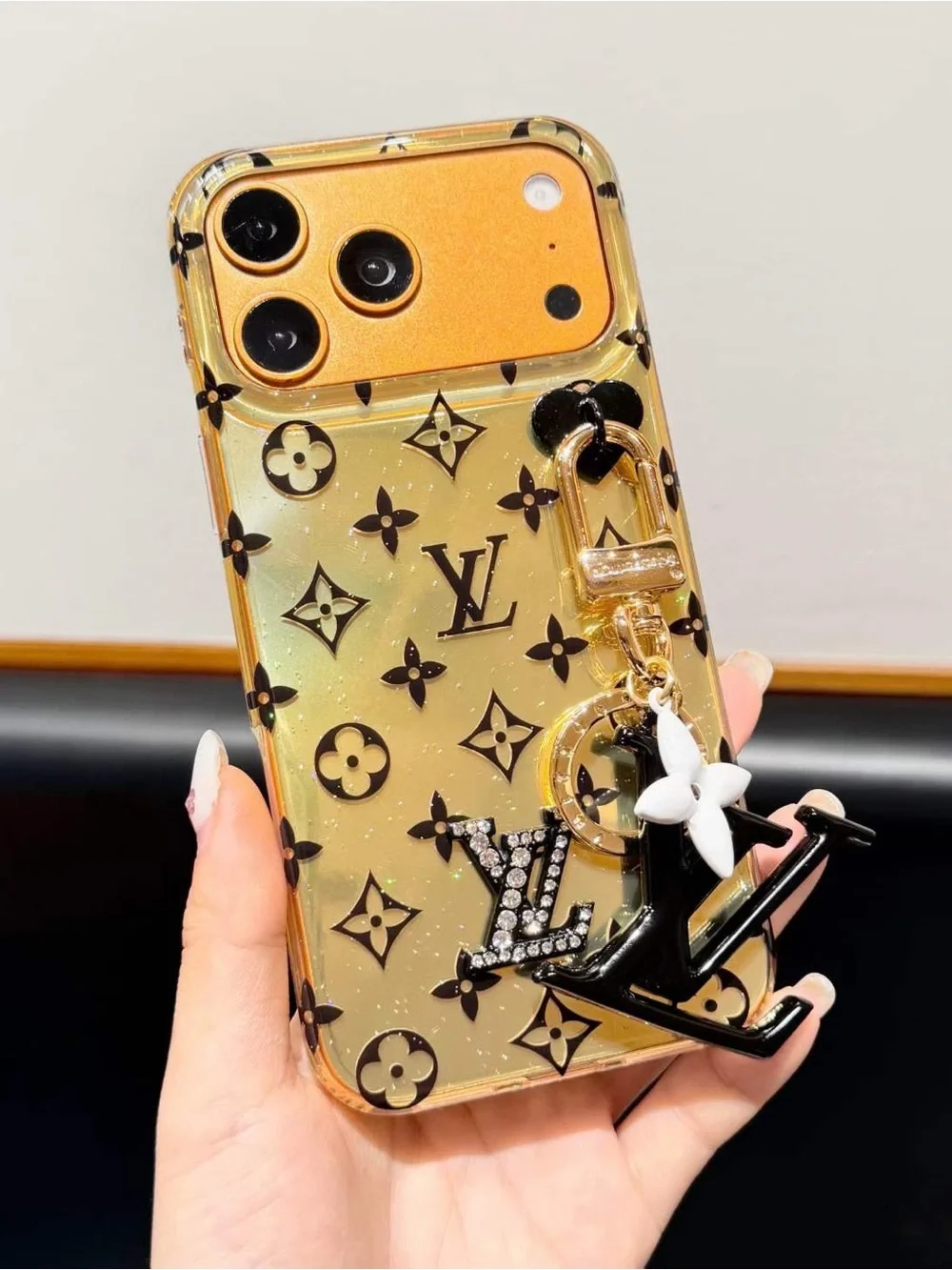 17 pro max Gold Glitter Monogram phone Case with Charm